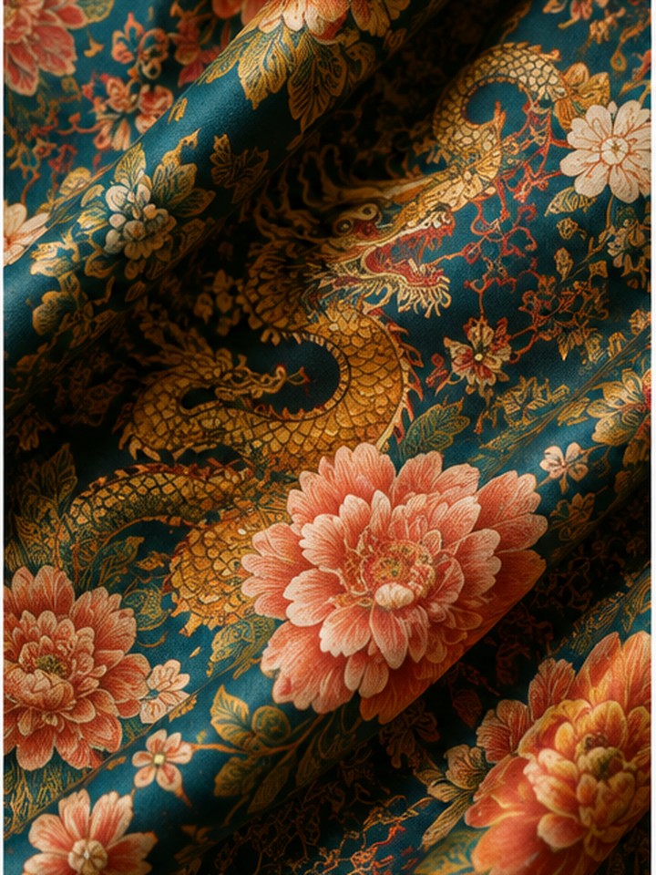Draped teal silk brocade patterned with coral peonies and gold embroidery