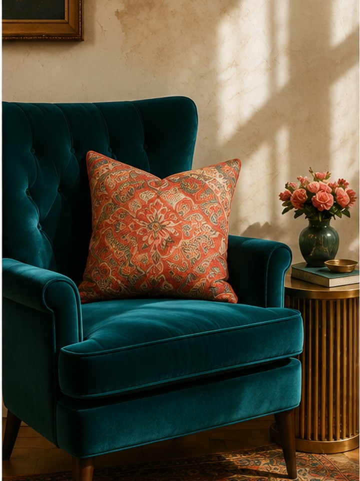 A teal velvet armchair with a coral patterned cushion in warm afternoon light