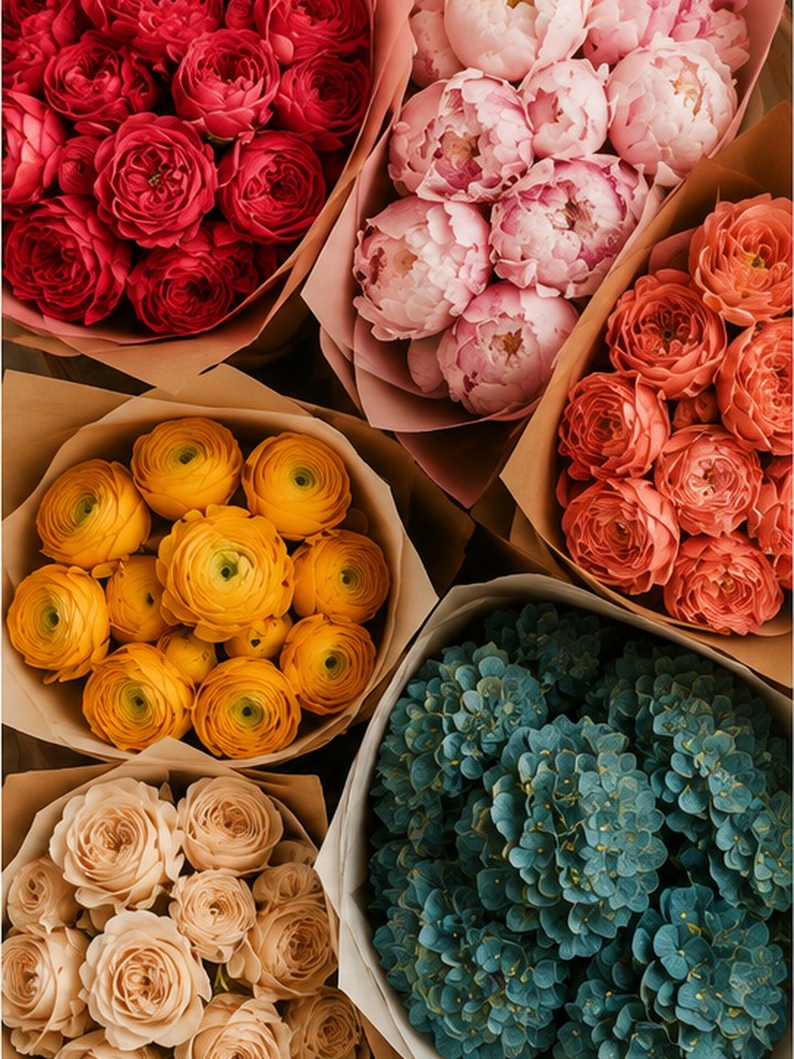 Wrapped bouquets of roses, peonies, ranunculus and hydrangea seen from above